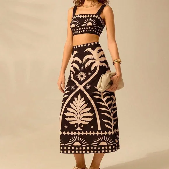 Black Boho Women's Coconut Print Cropped Cami Top And Fitted Maxi Skirt Set - Picture 3 of 7